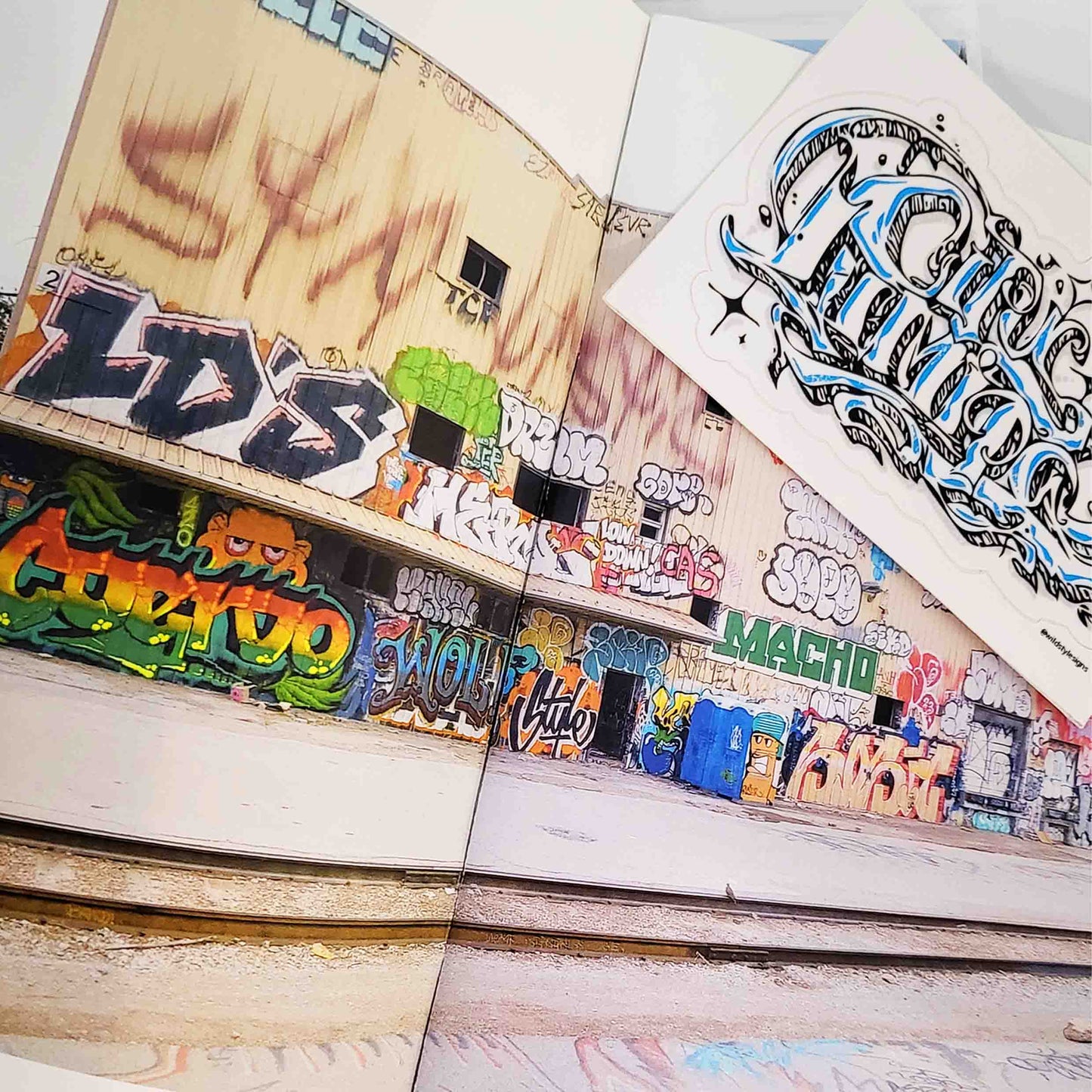 Photoof a warehouse exterior wall with numerous graffiti style paintings.