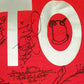 Red and white graphic with black line graffiti art and signatures on a red bag.