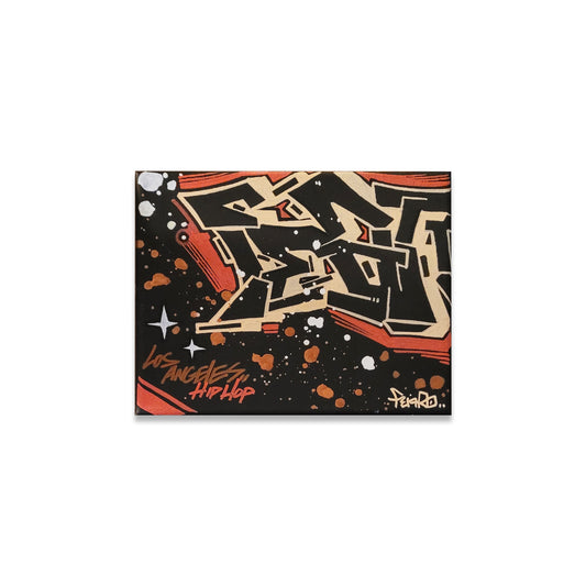 Painted canvas, abstract beige, orange and white colors reading Los angeles hip hop