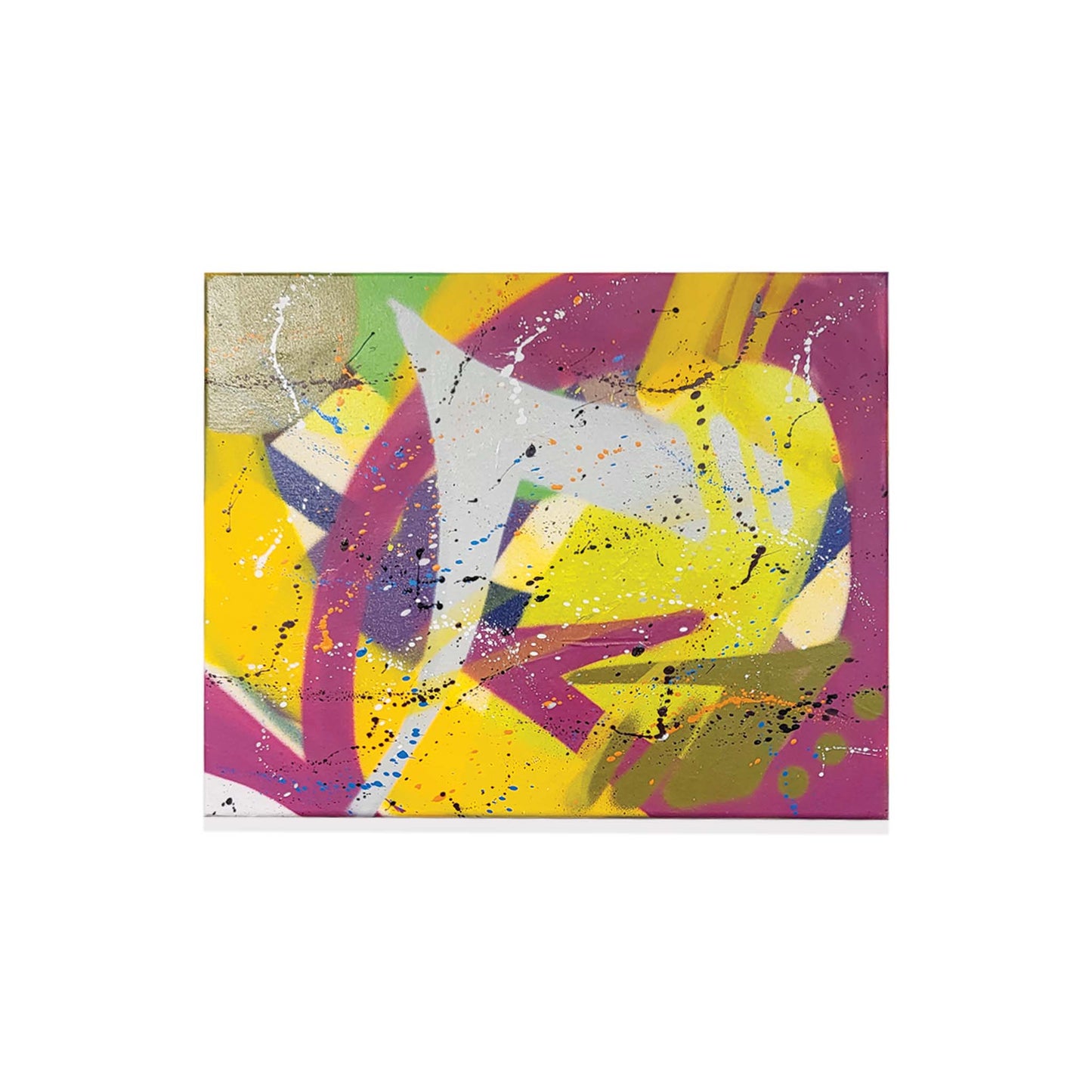 Abstract graffiti style painting with splashes of yellow, purple, and white on a white background.
