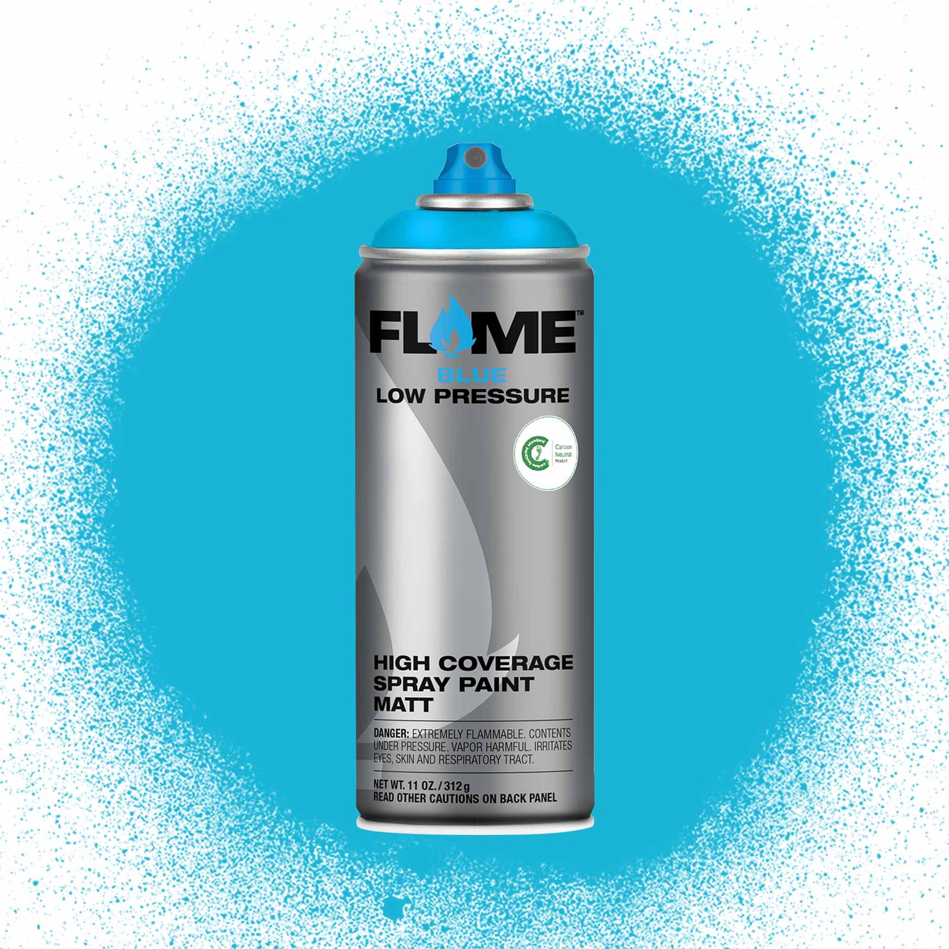 Flame spray paint can with blue spray pattern on a blue background.