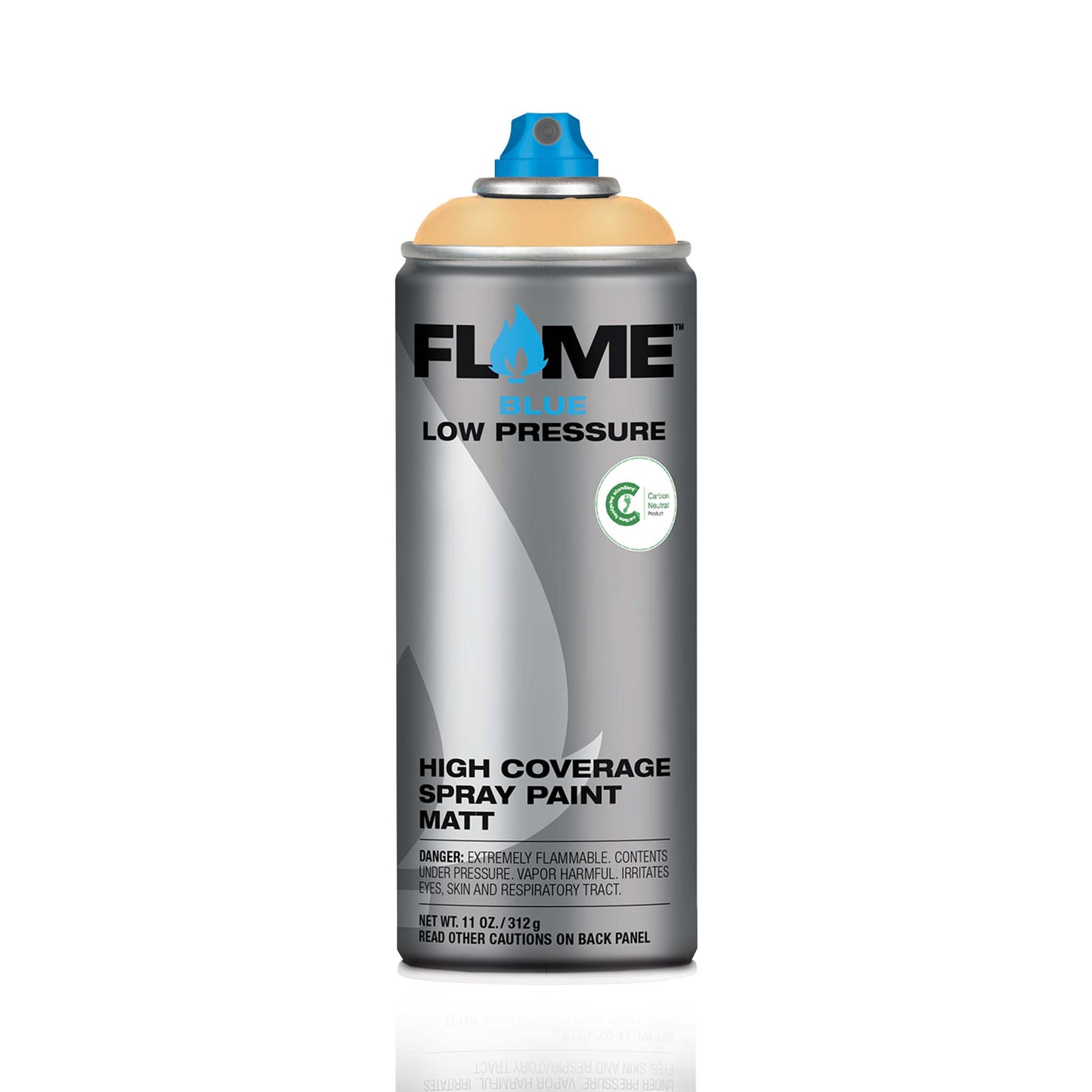 Spray paint can with 'Flame' branding on a white background.