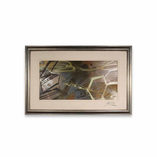 Framed abstract artwork on a white background.