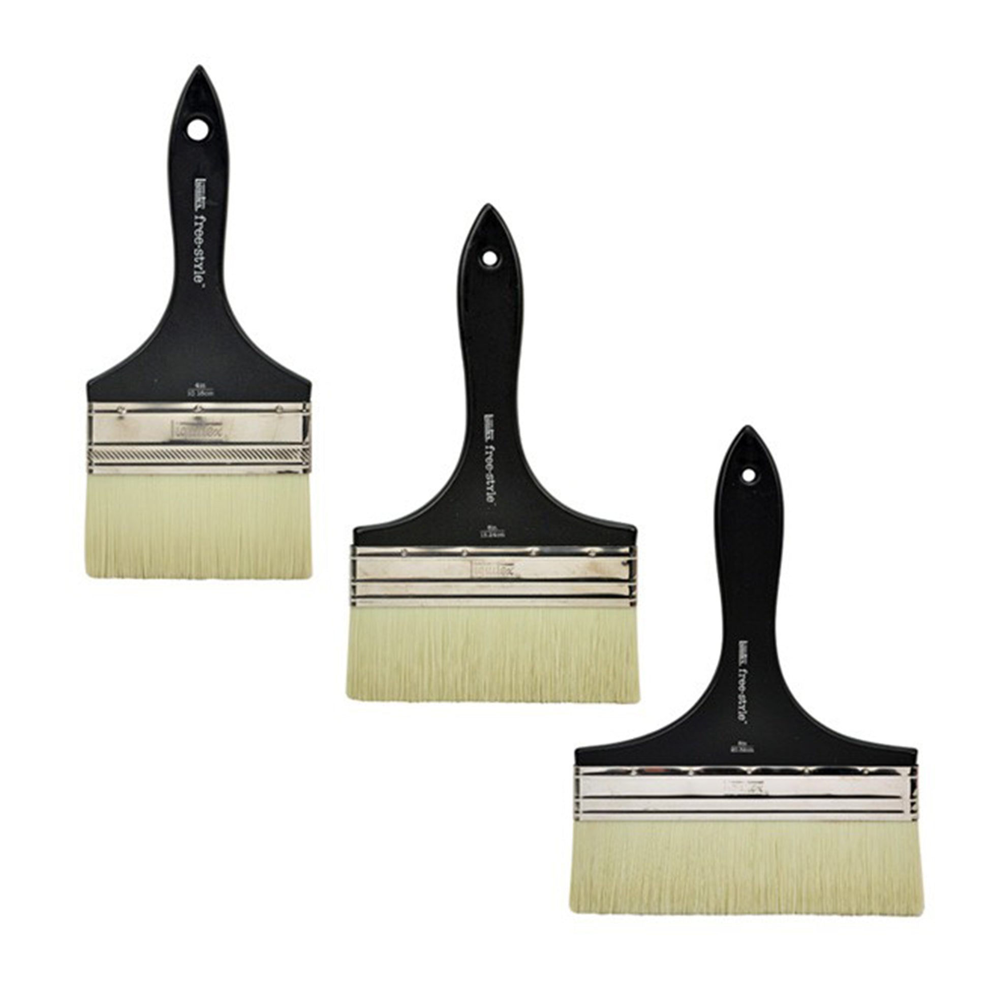 Three paint brushes with short black handles and yellow bristles.
