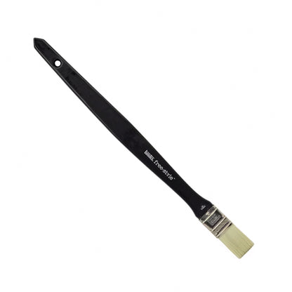 A paint brush with a long black handle and short yellow bristles.