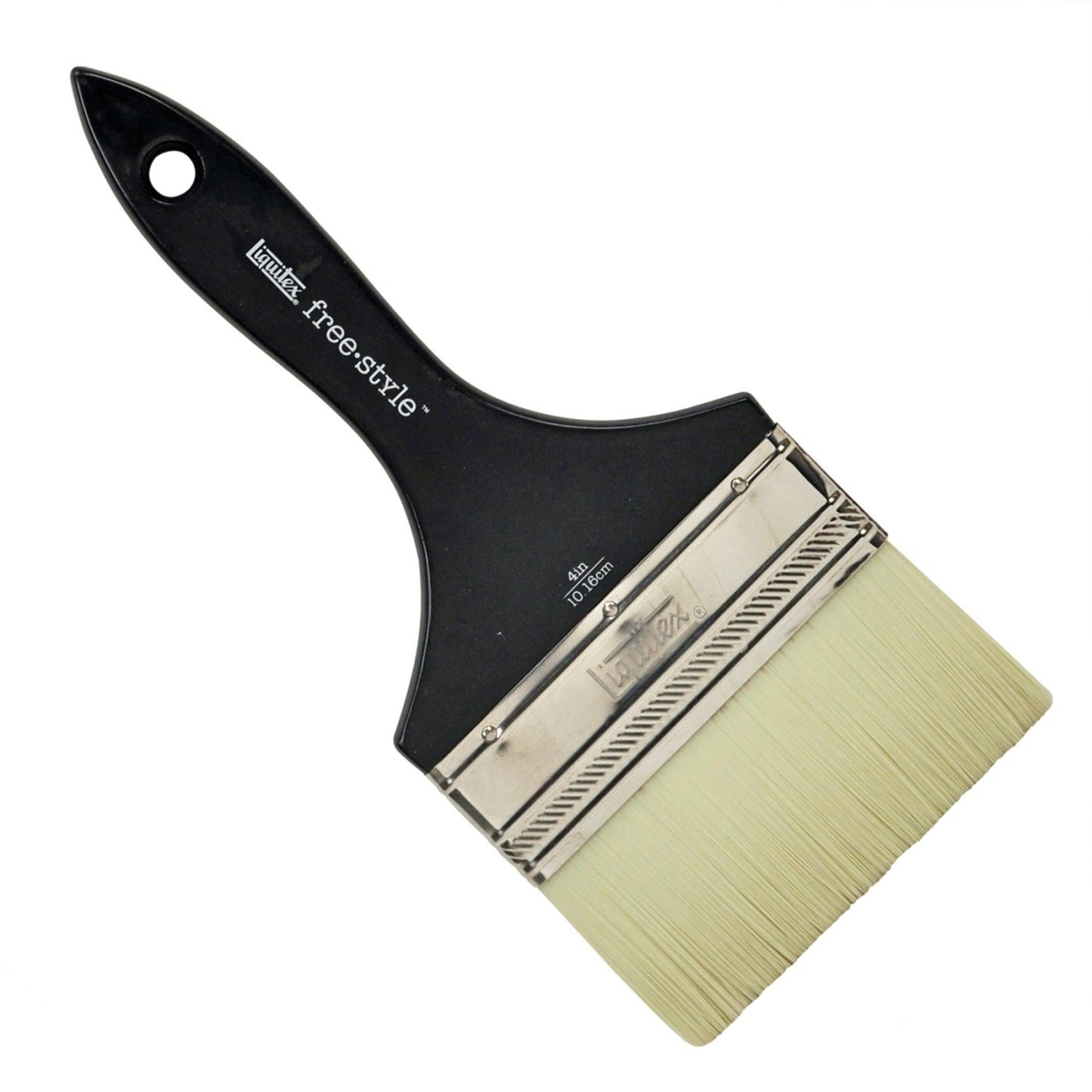 A paint brush with a black handle, a wide end and yellow bristles.