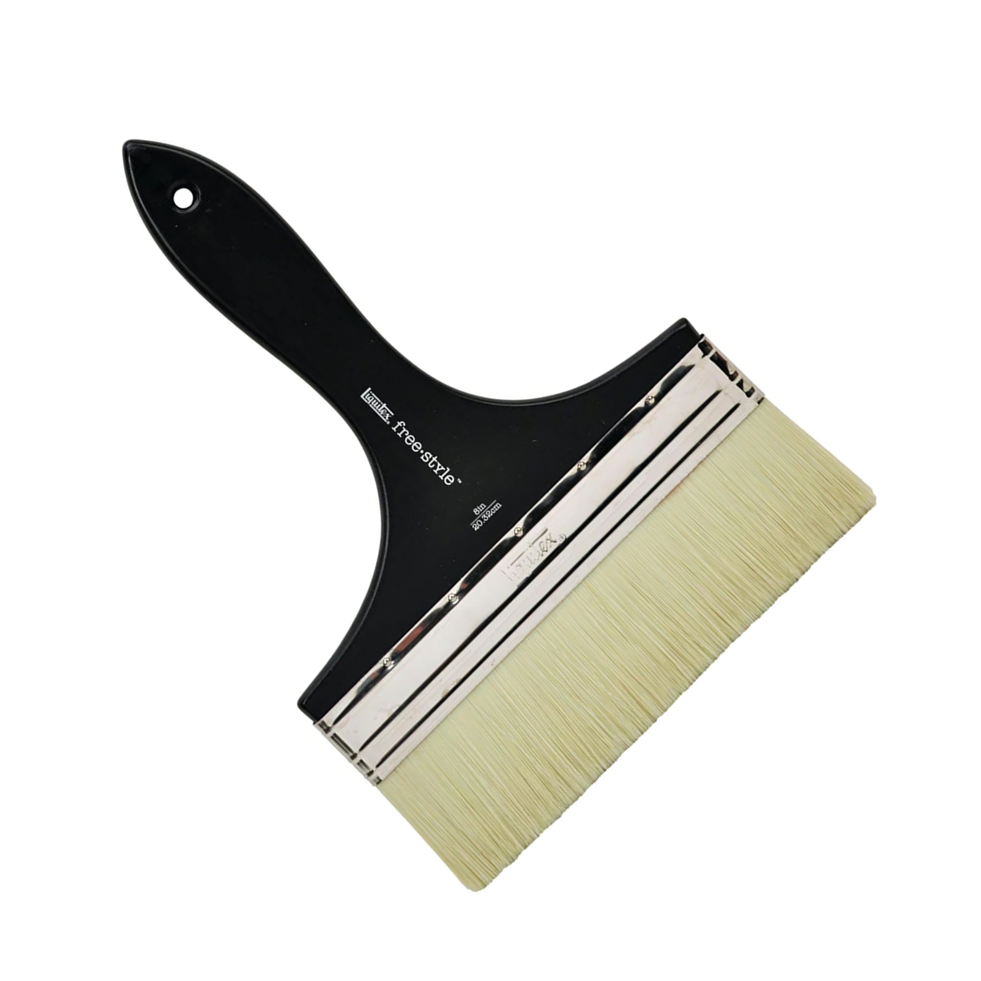 A large paint brush with a black handle and an extra wide, yellow bristle end.