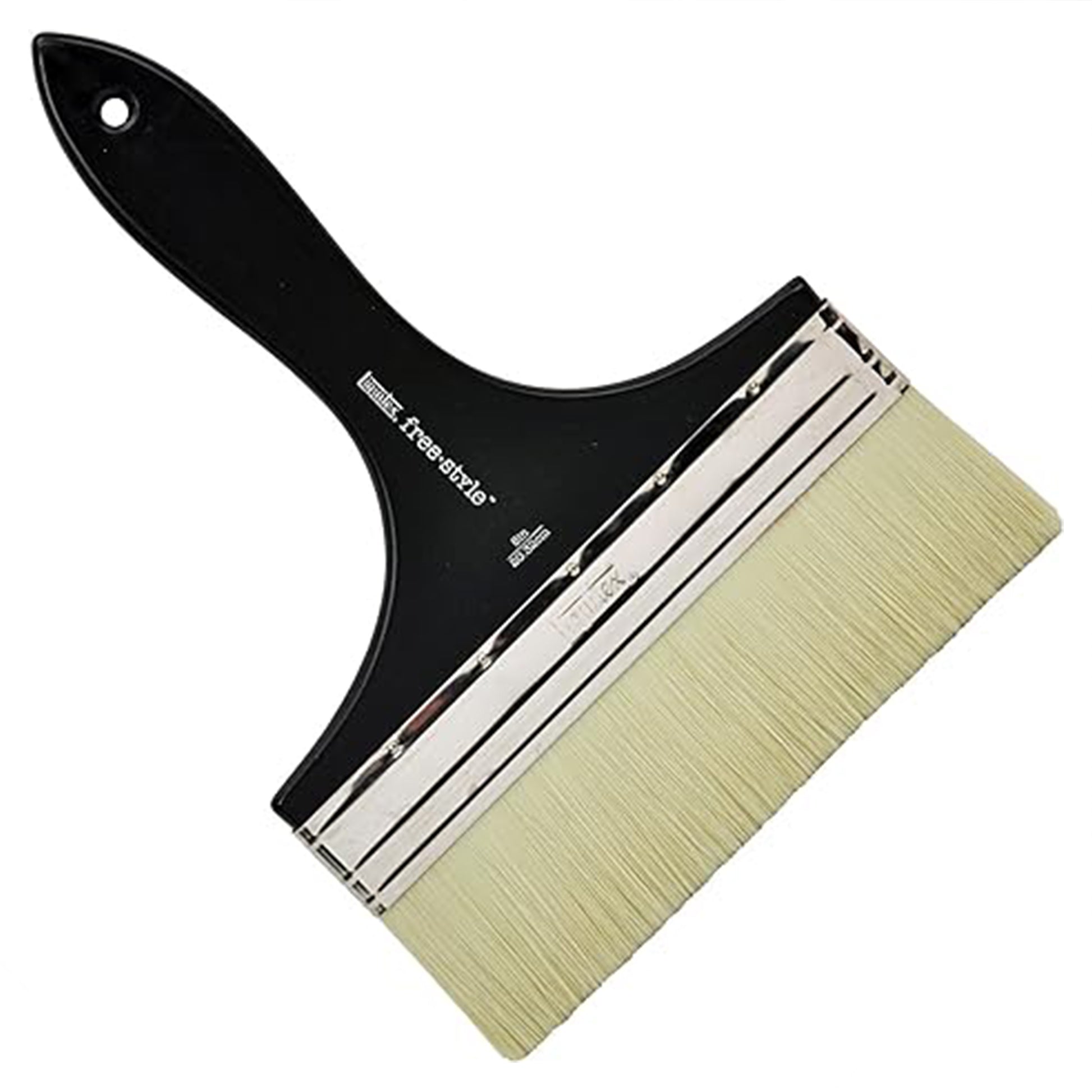 A large paint brush with a short, black handle and yellow bristles.