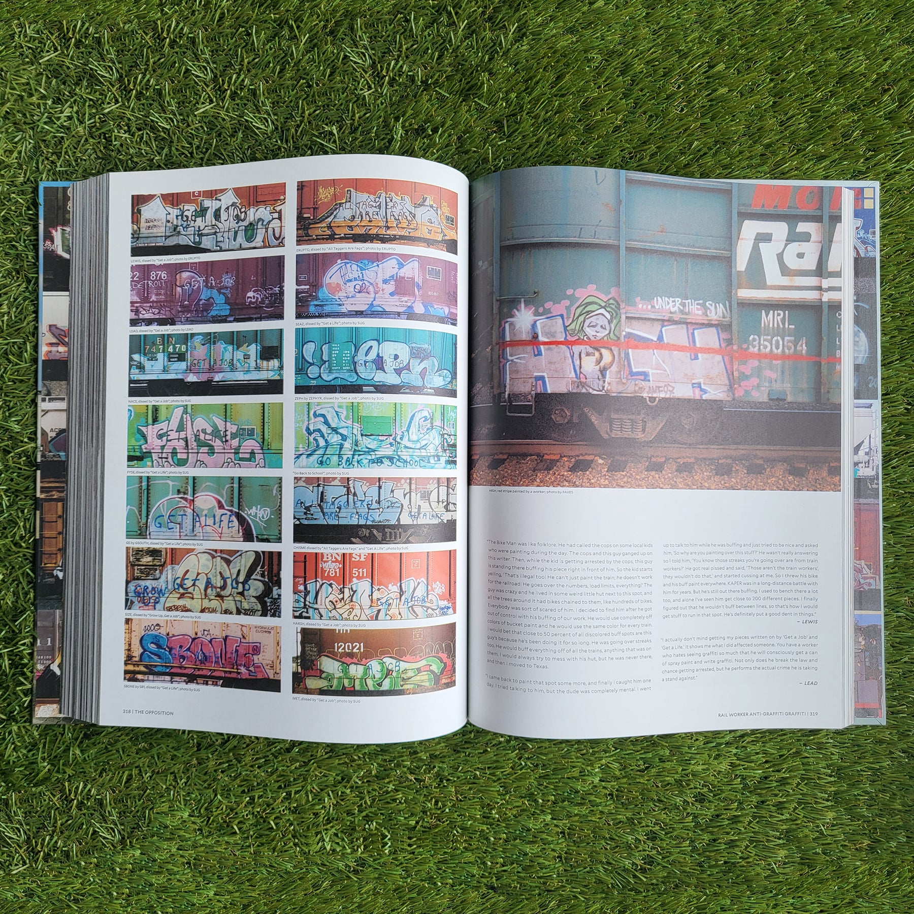 An open, hardcover book, the right page shows a photo of graffiti writing on a train at the top with unreadable writing at the bottom. The left page is a collage of different trains with graffiti on them. The book is laying on a grass background