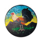 Llarge painting of a rooster in a landscape.