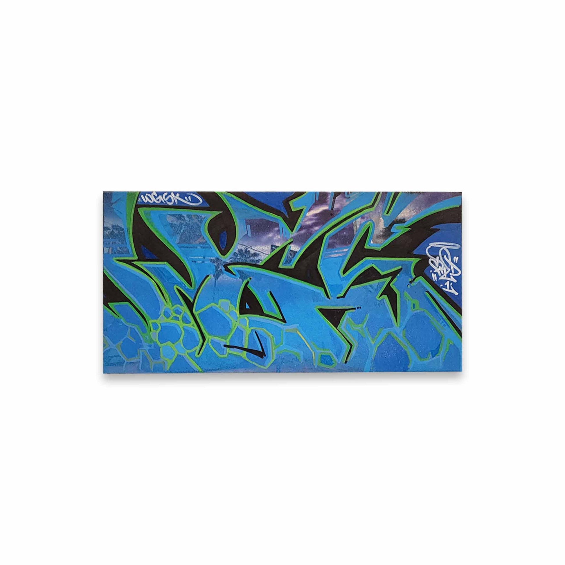 Graffiti-style design with blue and black colors on a white background