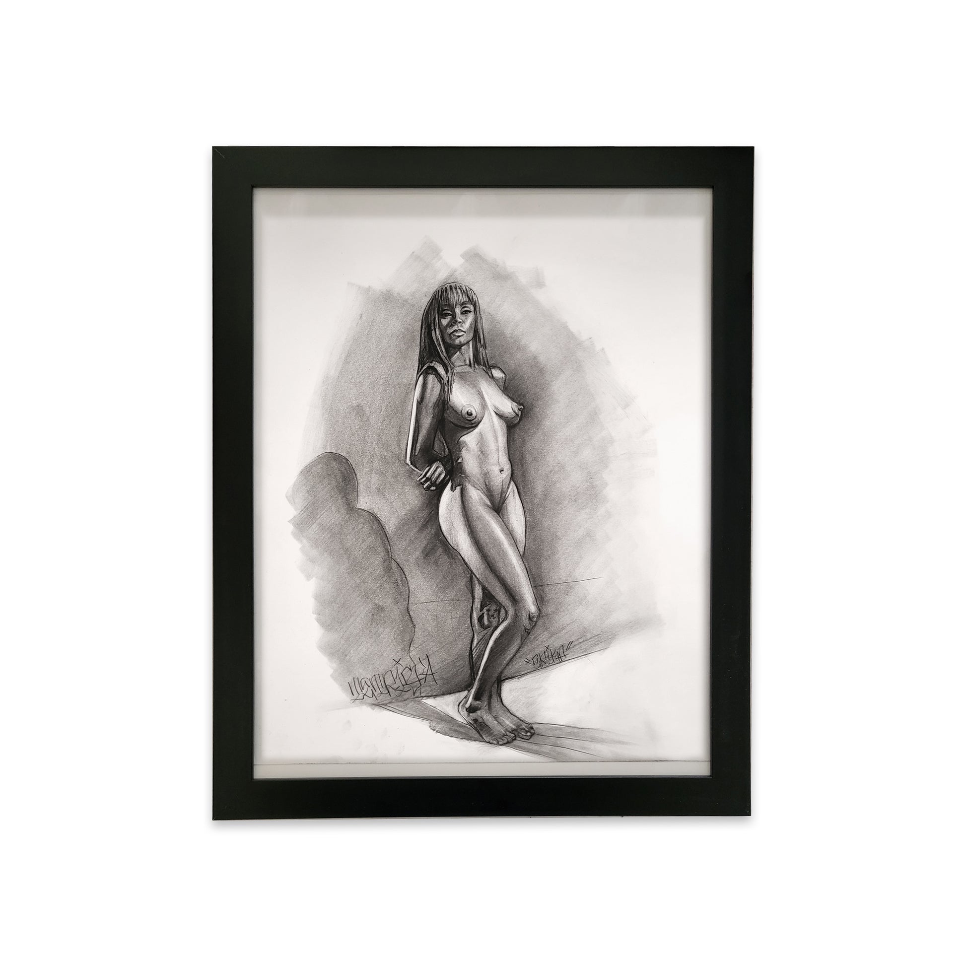 Original charcoal portrait, figure drawing by street artist Tetris for art collections.