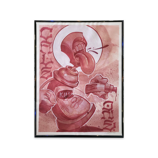 Original character design of spray paint can on paper by street artist Cale. 