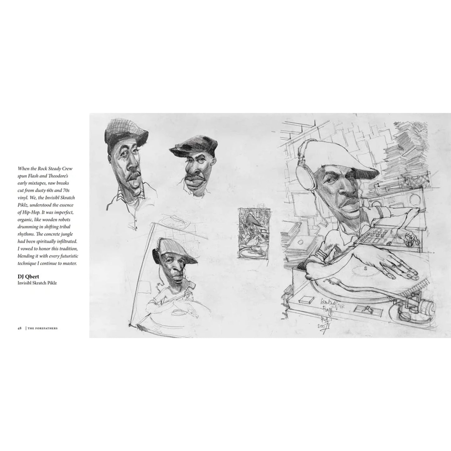 A black and white book spread scan of sketch studies of DJ Grandmaster Flash with a quote by DJ Qbert.