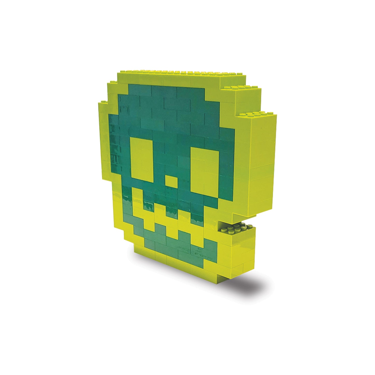 Green and light green 3D lego scuplture of a skull by artist imjohnimjohnArt.