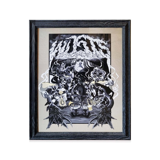 Framed digital print of black and white psychadelic style fantasy landscape.
