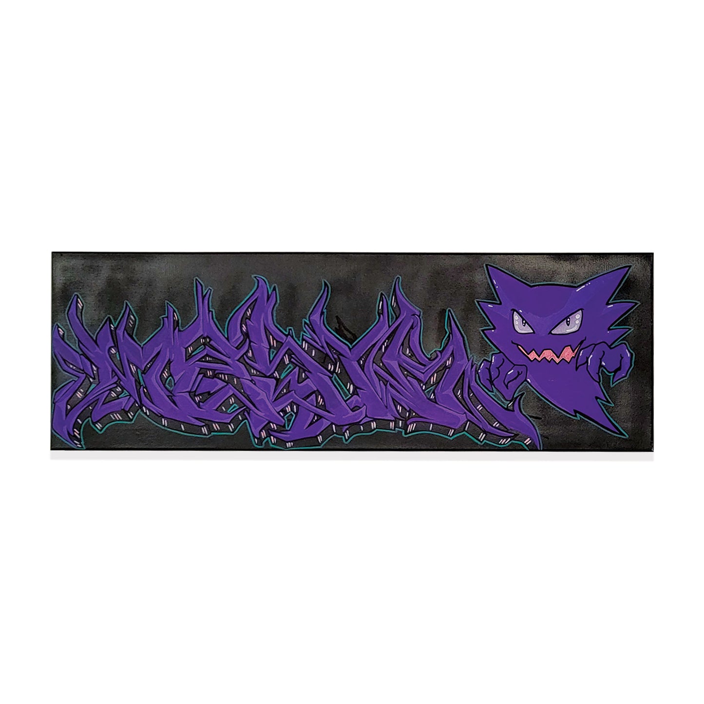 Painted canvas with a ghot Pokemon and purple graffiti style letters.