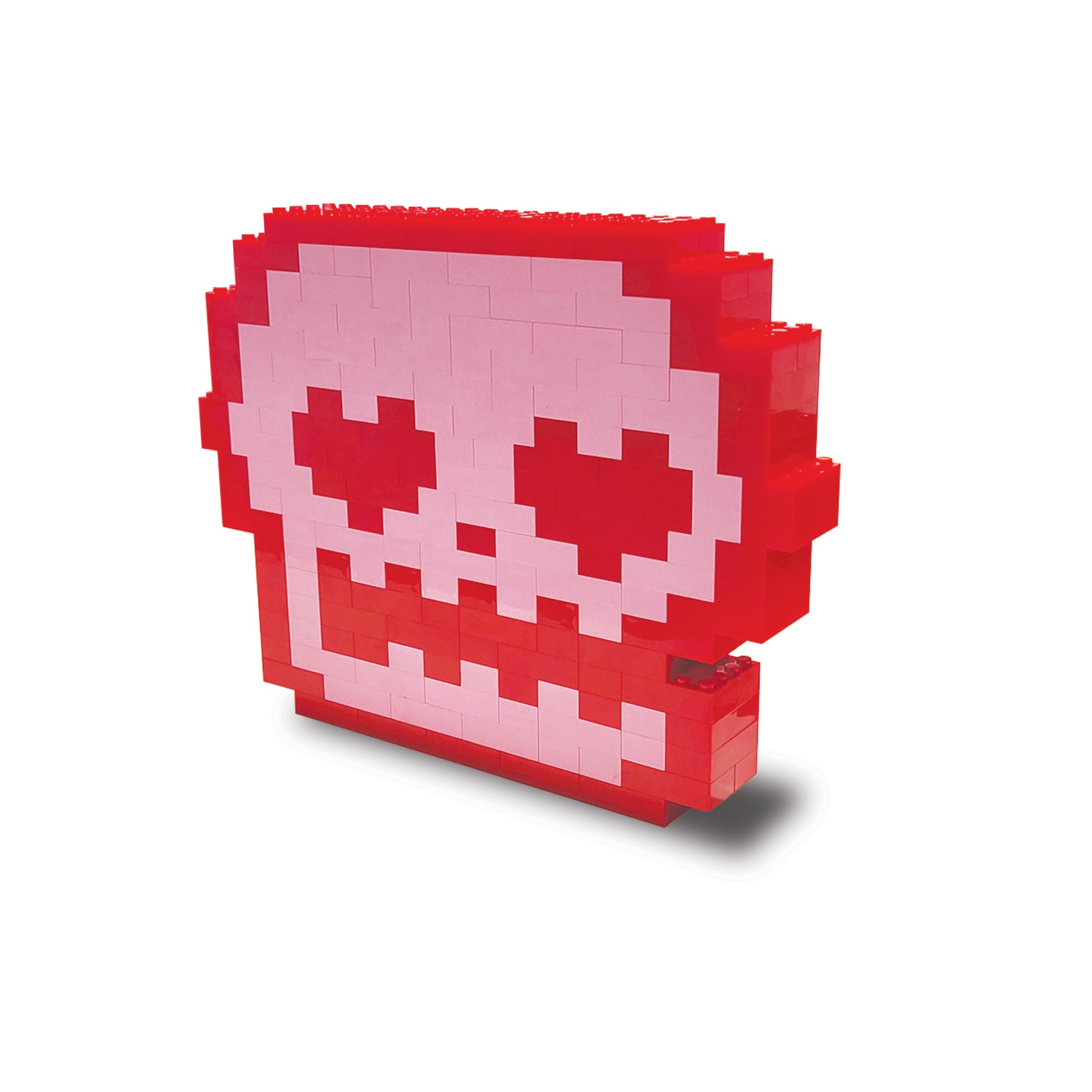 Pixelated red and pink 3D lego skull sculpture by artist imjohnimjohnArt.