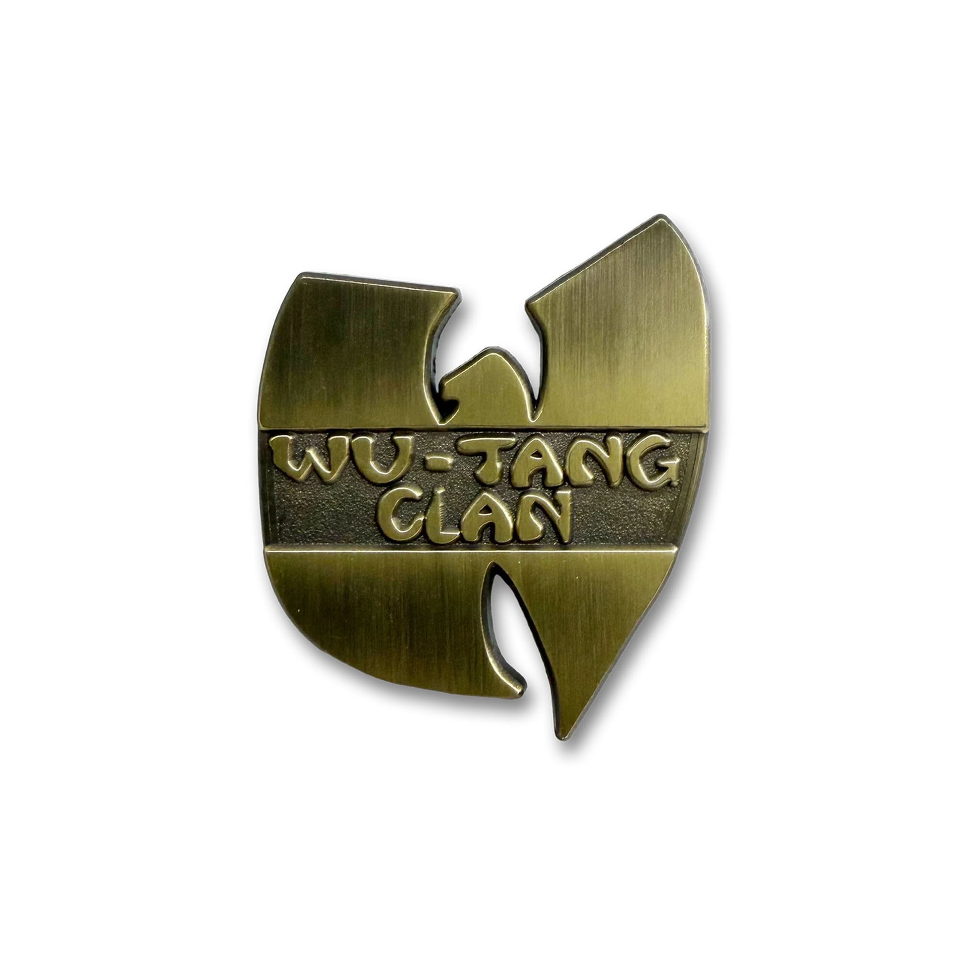 A metallic brushed gold Wu-Tang Clan logo pin with raised lettering on a plain white background.