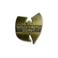 A metallic brushed gold Wu-Tang Clan logo pin with raised lettering on a plain white background.