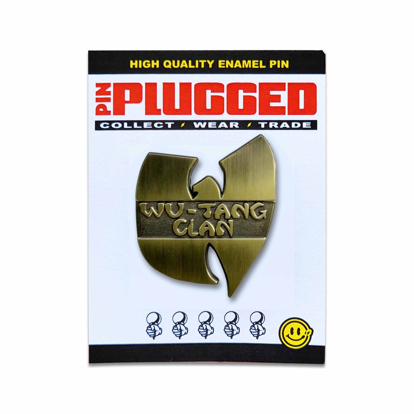 A brass-colored enamel pin shaped like the Wu-Tang Clan logo, mounted on a white backing card. The card features the red 'AND PLUGGED' brand logo at the top.