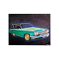 Artistic depiction of a classic green convertible Impala on a dark canvas.