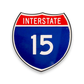 Interstate 15 road sign with red top and blue bottom on a white background.