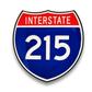 Interstate 215 sign with red top and blue bottom on a white background.