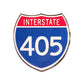 Shiny pin with Interstate 405 design on a white background.