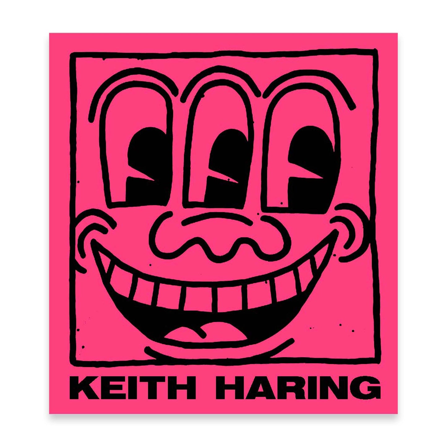 Keith Haring artwork with a black smiley face on a pink book cover.