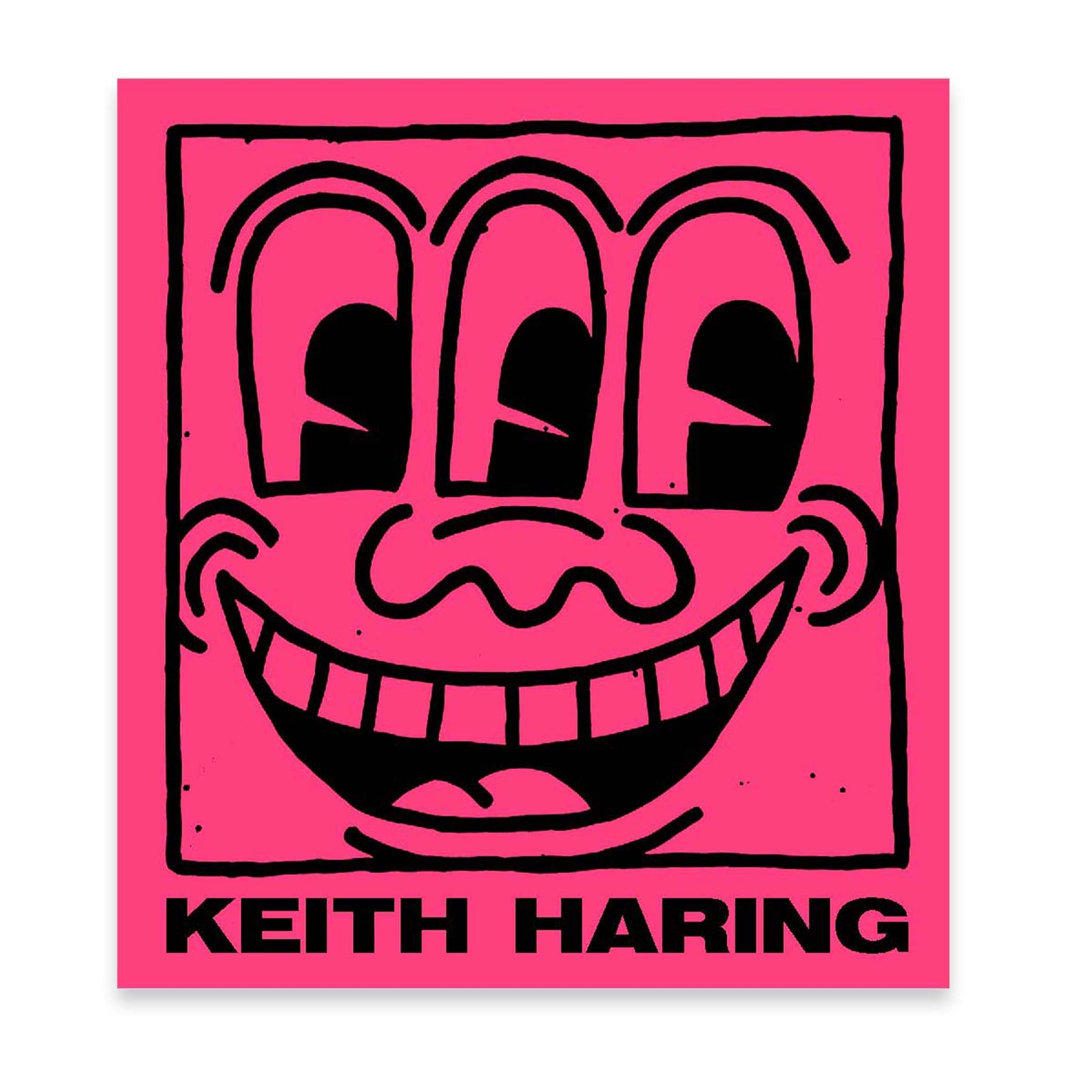 Keith Haring artwork with a black smiley face on a pink book cover.