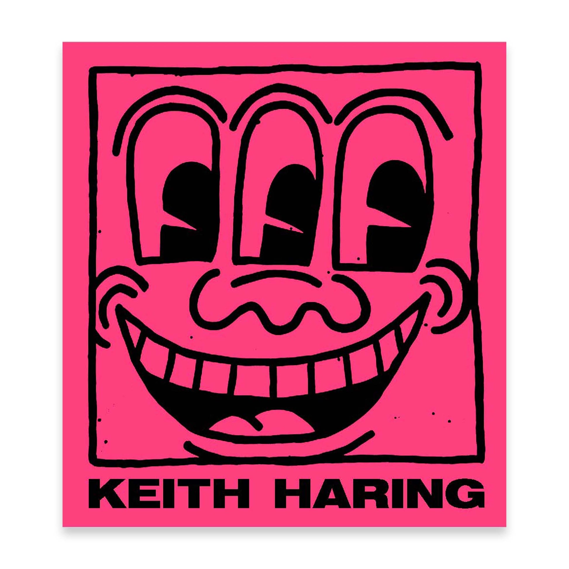 Keith Haring artwork with a black smiley face on a pink book cover.
