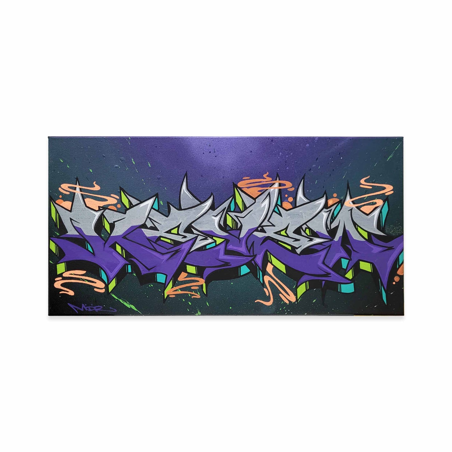 A rectangular graffiti art painting featuring stylized abstract lettering in purple, gray, orange, green, and teal on a dark blue and purple background, shown against a plain white backdrop.