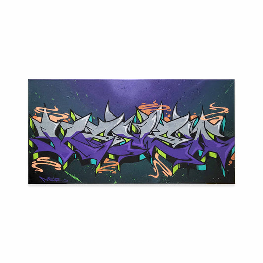 A rectangular graffiti art painting featuring stylized abstract lettering in purple, gray, orange, green, and teal on a dark blue and purple background, shown against a plain white backdrop.