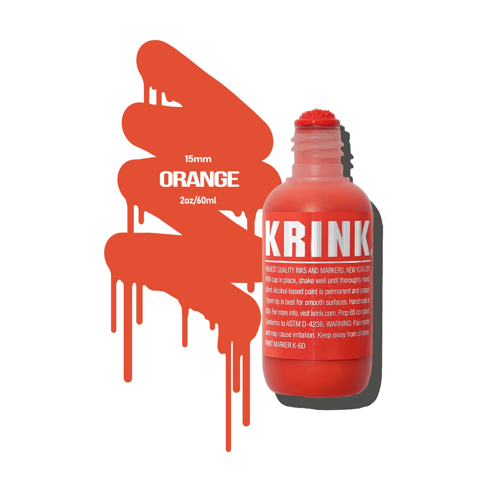 A orange, short paint marker with a fabric nib with a color swatch to the left that reads "KRINK - Orange - 15mm"