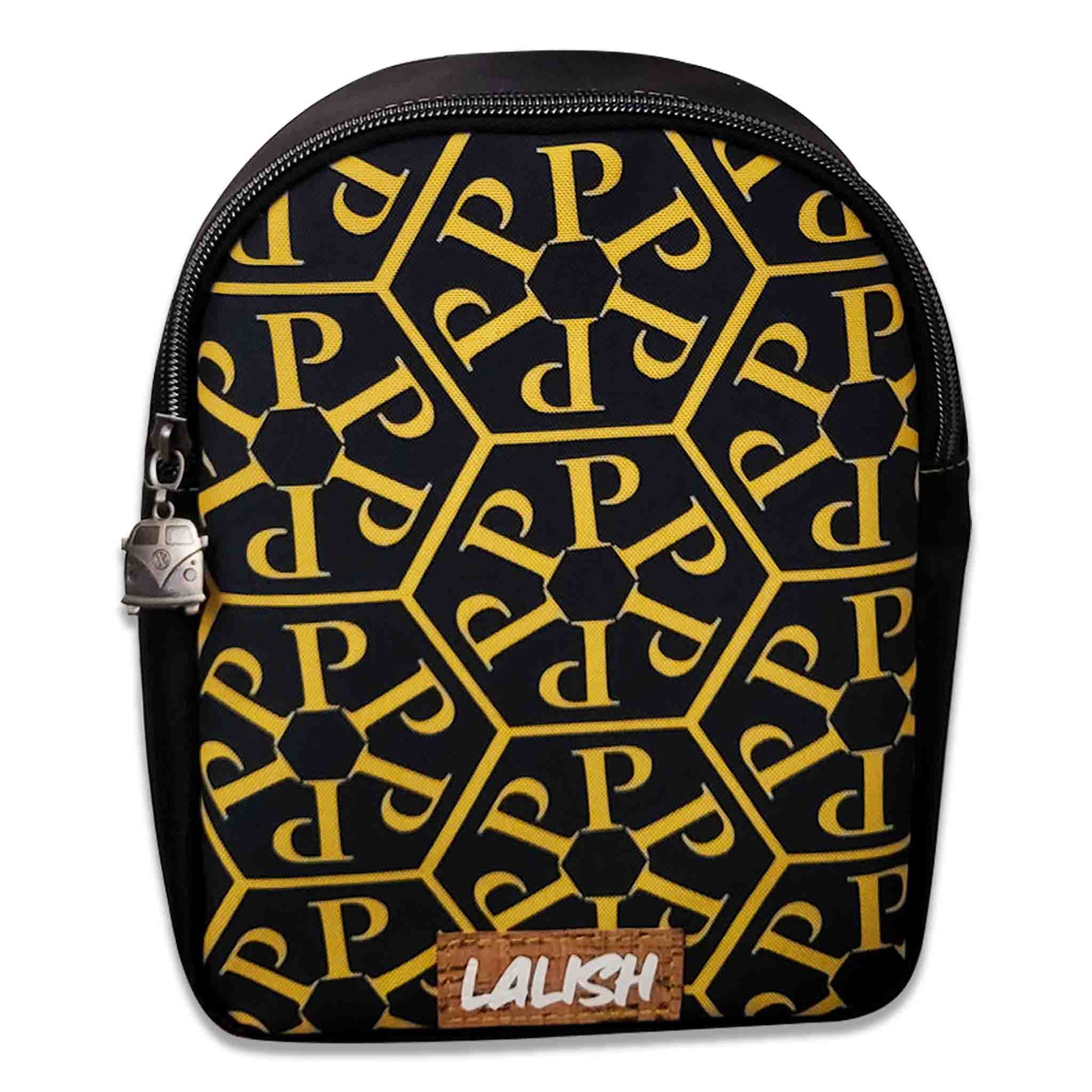 LALISH black backpack with yellow Pomona rolling P city seal