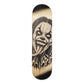 Skateboard deck with a black and white horror clown drawing.