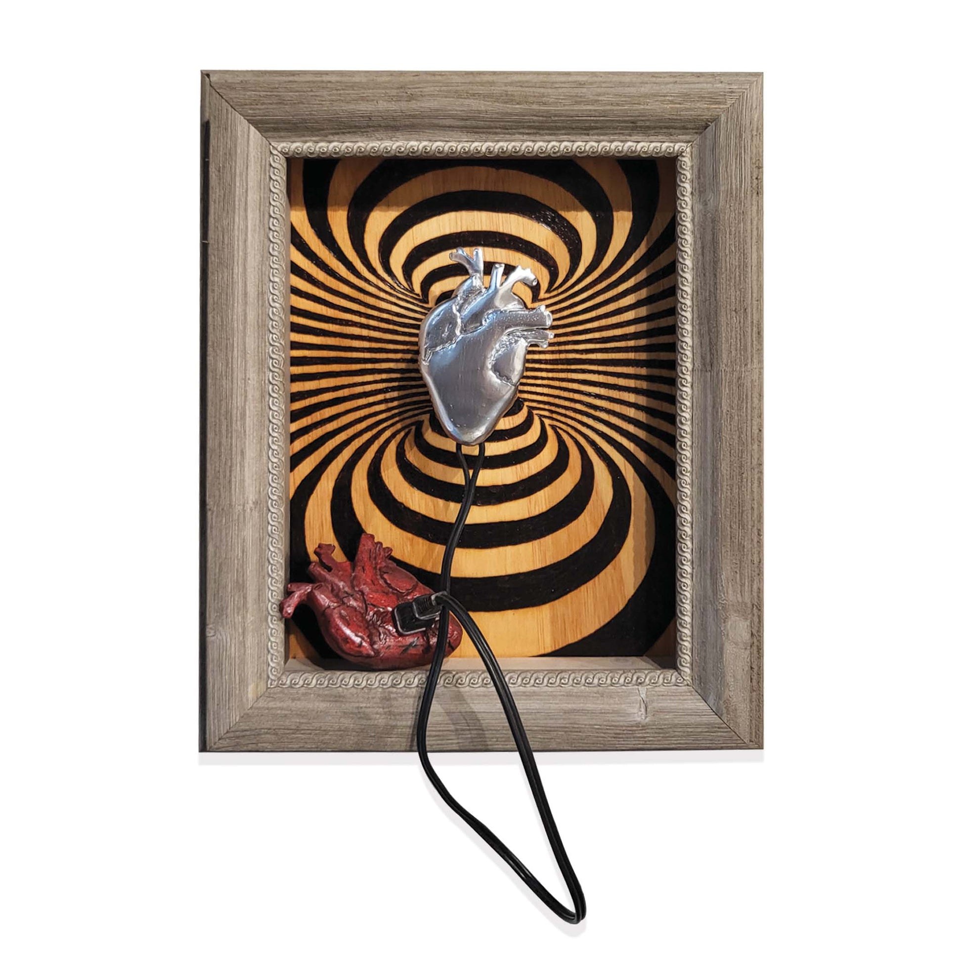 Wood frame with abstract paitning and 3D carved hearts connected by an electrical wire and plug.