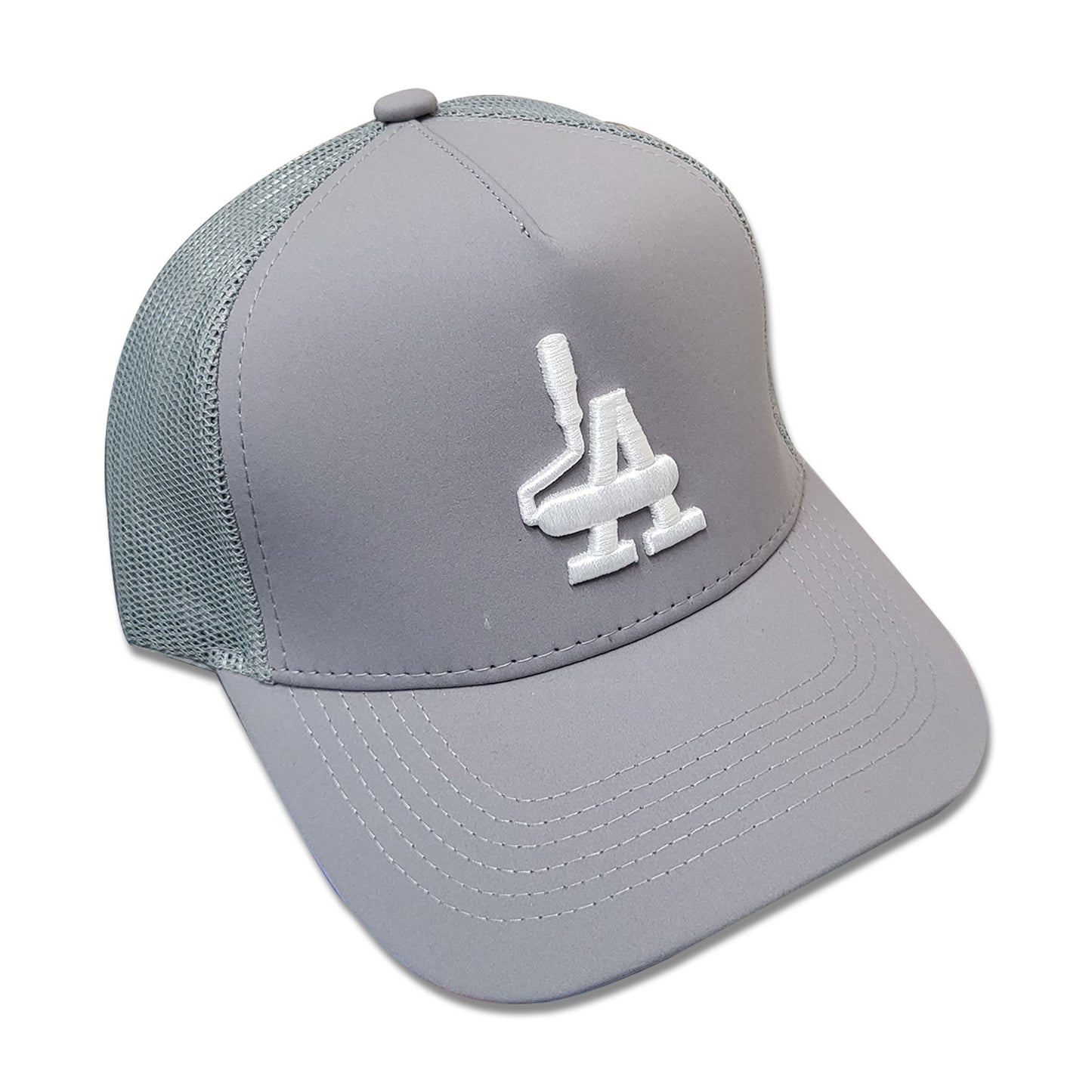 Grey hat with mesh back, white embroidery of paint rollers in the shape of the acronym LA.