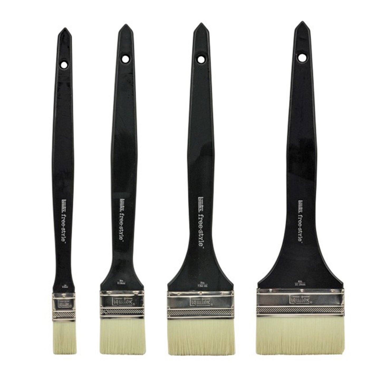 Four long paint brushes with black handles and yellow bristles.