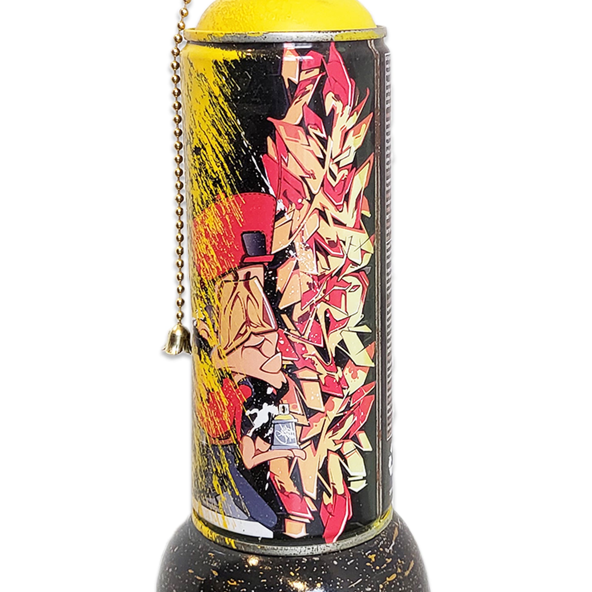 Yellow spray paint can with a black label and street art style design