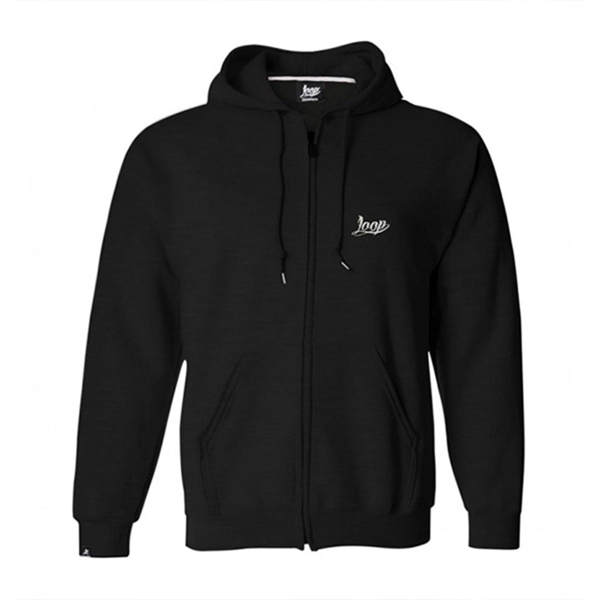 Black zip-up hooded sweater with the brand 'LOOP' in white on the chest.