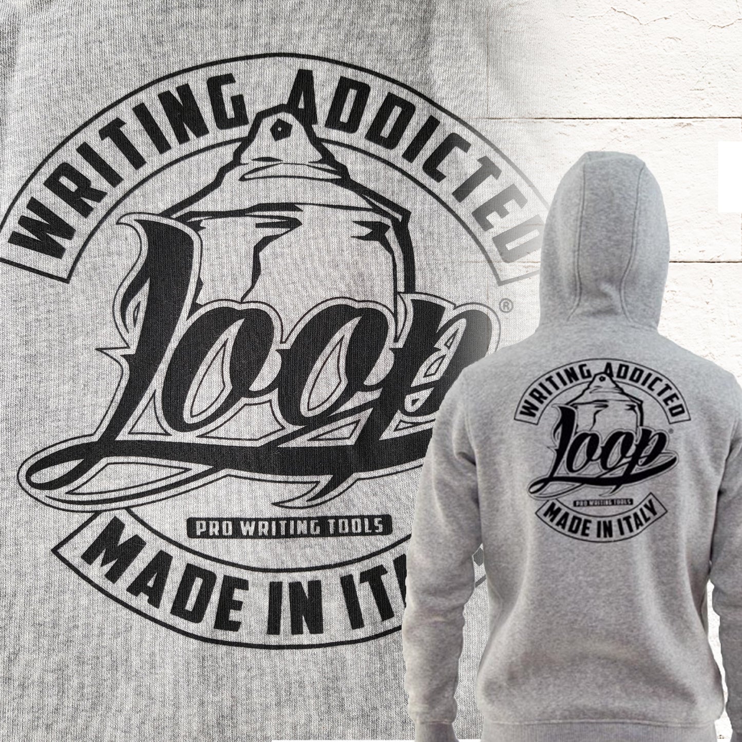 Grey hoodie with black print "Loop - Pro Writing Tools - Writing Addicted - Made In Italy".