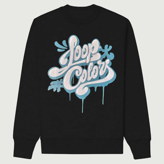 Black sweatshirt with 'Loop Colors' graphic design on a light gray background
