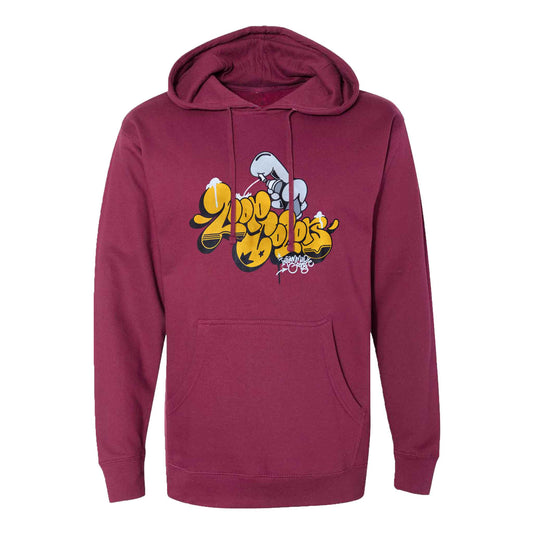 Maroon hoodie with a Loop Colors brand Graffiti Throwie graphic design on a white background