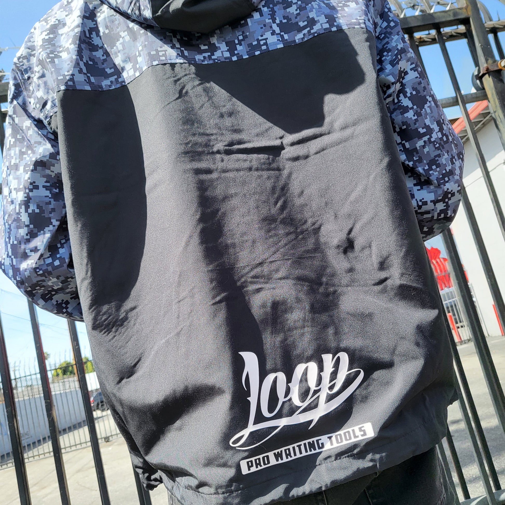 Blue grey digital camo duo colored windbreaker jacket back