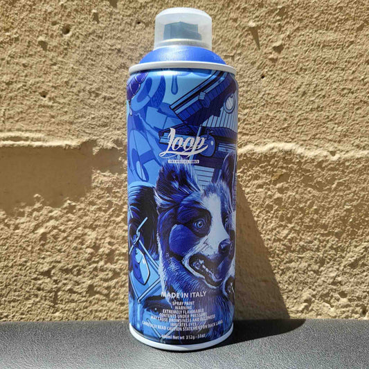 Loop Colors aerosol can with blue graphic design of dogs on a beige background