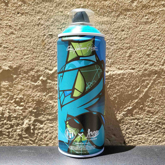 Loop Colors spray can with abstract graphic design against a textured beige wall