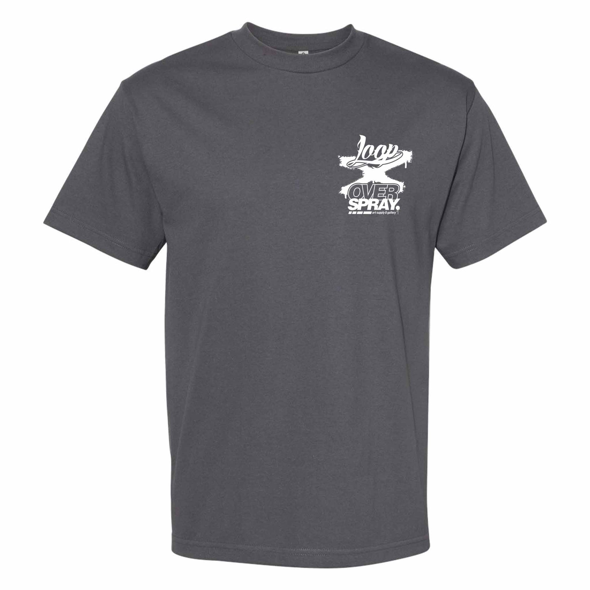 Gray t-shirt with white graphic and text 'Loop x Overspray' on a white background