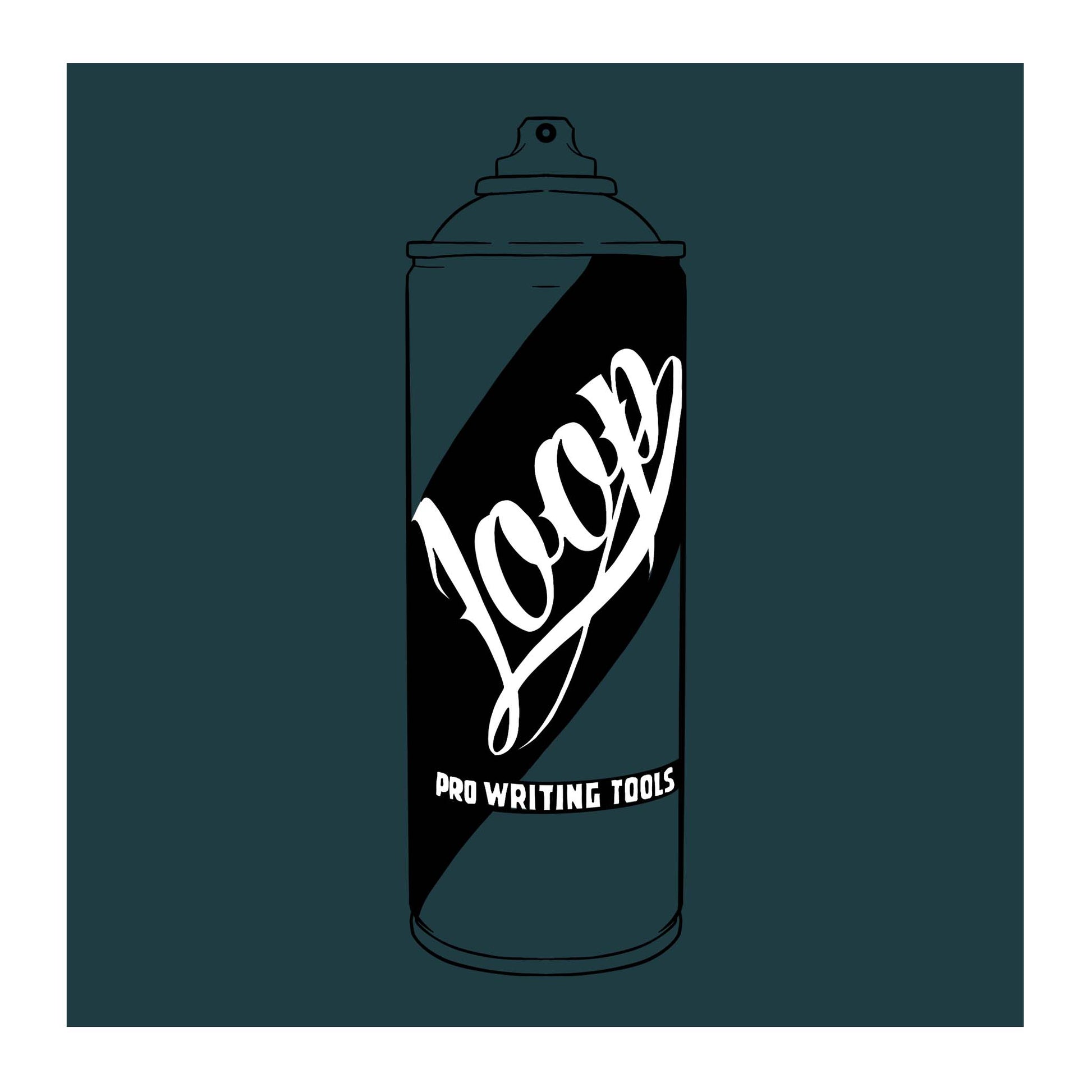 Teal color swatch background with spray can branded LOOP Pro Writing Tools.